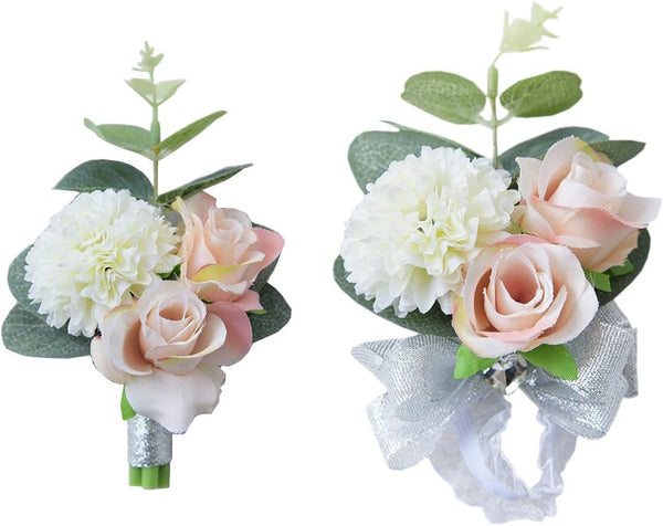 MOJUN Boutonniere and Wrist Corsage Set, Wedding Flowers Accessories for Prom Suit Decoration