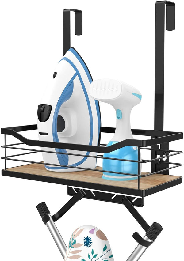 Ironing Board Holder Wall Mount, Laundry Room Organization with Large Storage Basket and Removable Hooks