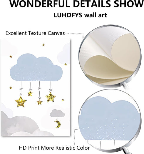 LUHDFYS Cartoon Moon and Stars Canvas Wall Art Print,Scandinavian Style Nursery Decor Poster,Blue Moon and Stars Wall