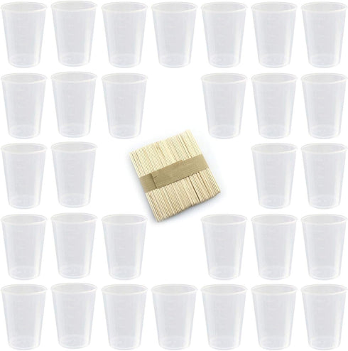 Tegg 30PCS 50ml Clear Plastic Mixing Cups, Graduated Measuring Cups with 50 PCS Wood Craft Sticks