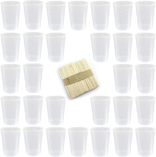 Tegg 30PCS 50ml Clear Plastic Mixing Cups, Graduated Measuring Cups with 50 PCS Wood Craft Sticks