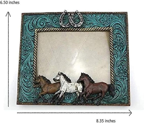 Comfy Hour Western Retro Collection - 6"x5" Photograph Frame with Running Horses and Horseshoes, Blue