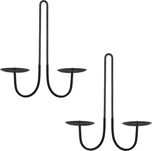 Double Armed Iron Candle Holders, Metal Wall Sconce Holder Set of 2, Black Modern Wall Candle Sconces for Living Room,