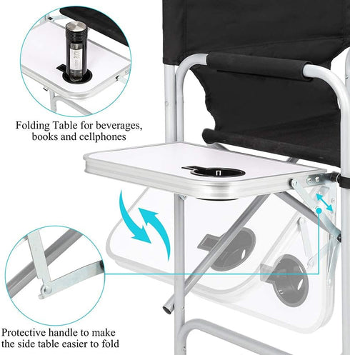 41'' 400LBS Tall Directors Chair, Portable Makeup Artist Chair with Side Table, Tall Folding Chair for Camping, Home