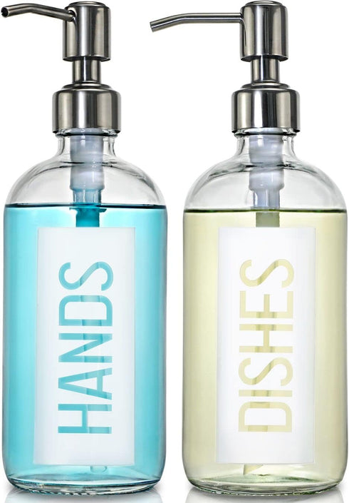 JASAI 2Pack Glass Soap Dispenser, 18OZ, White, Rustproof 304 Stainless Steel Pump, Kitchen Soap Dispenser with Labels