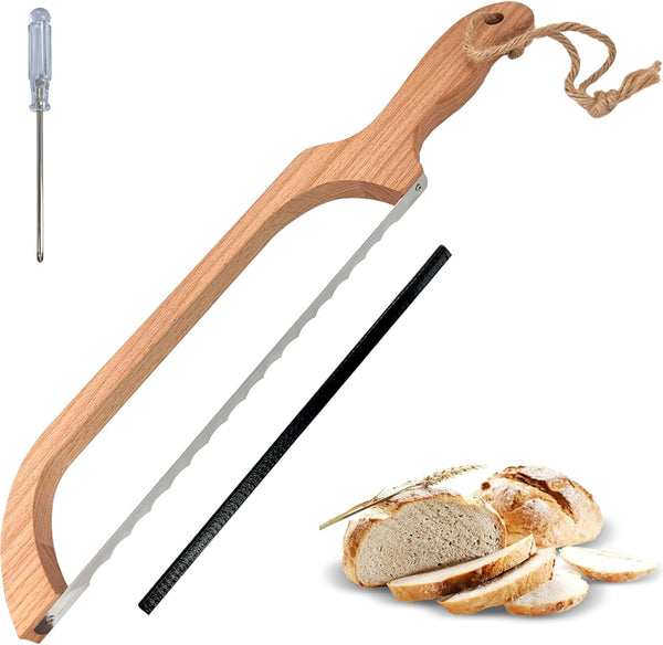 Bread Slicer for Homemade Bread, 16" Wooden Sourdough Bread Knife with Bow Design, Premium Stainless Steel Serrated Saw