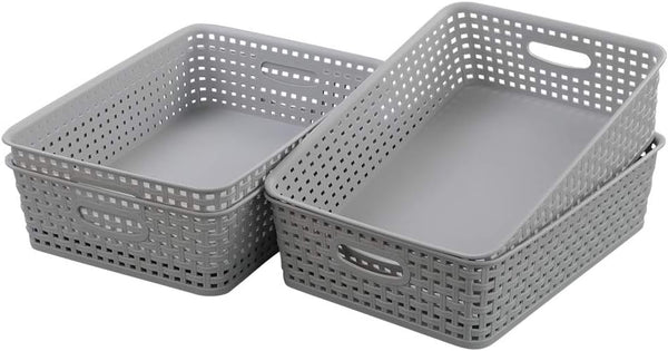 4-Pack Plastic Office Storage Baskets, A4 Basket Trays in Grey for Organizing Supplies
