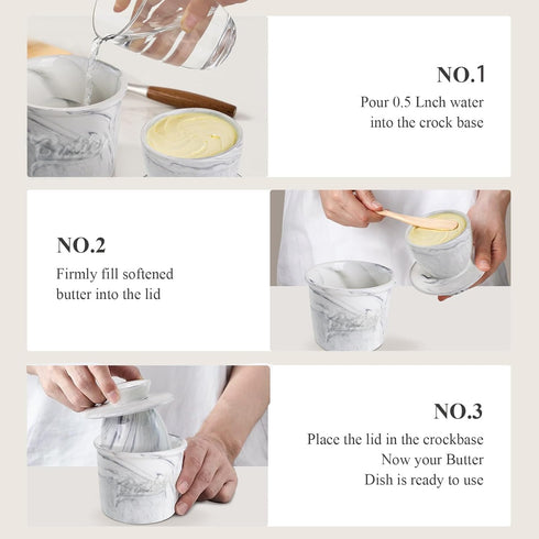 Butter Crock for Counter with Water, Marble Ceramic French Butter Keeper Dish with Lid for Spreadable Butter