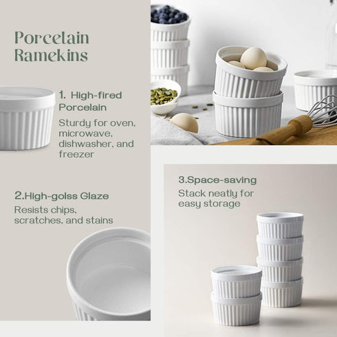 DOWAN 10 oz Ramekins Set of 6, Porcelain Oven Safe Ramekins for Baking, Souffle Bowls, Classic Style