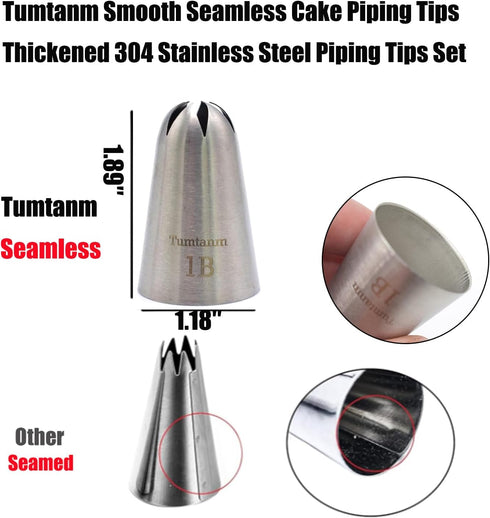 5 Pack Extra Large Piping Nozzles, Seamless Stainless Steel Icing Tips 1B 1C 1E 1M 2D# for Cupcakes