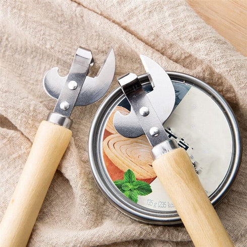Stainless Steel Multifunctional Kitchen Utensil, Manual Can Opener with Wood Handle, Side Cut Remov-e
