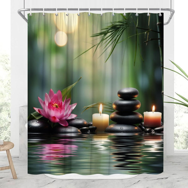 Zen Shower Curtain, Asian Lotus Bamboo Floral Water Ripple Spa Decor, 70x70 inch with Hook