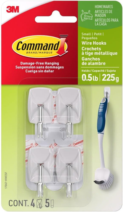 Command Small Wire Toggle Hooks, 4 Wall Hooks & 5 Command Strips, Damage-Free Hanging, Holds up to 0.5 lb
