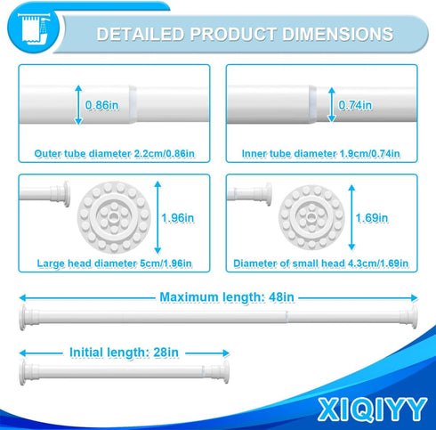 Spring Tension Rod, Adjustable 28 to 48 inches, Heavy Duty Curtain Rod for Bathroom, Windows, Door, White