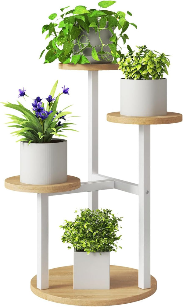 IBUYKE 4 Tier Plant Stand Indoor, Metal Wood Plant Shelf for Multiple