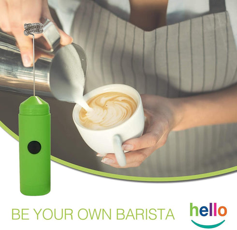 HELLO Milk Frother: Handheld Electric Foam Maker for Coffee, Lattes, and Hot Chocolate (GREEN)