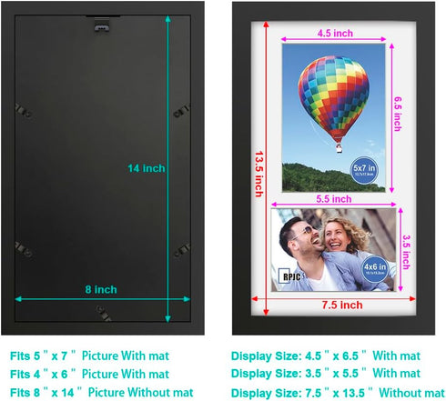 RPJC 8x14 Solid Wood 2 Opening Picture Frames with High Definition Glass, Display 4x6 and 5x7 with Mat or 8x14 Without