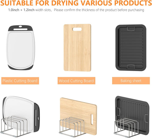 Cutting Board Holder Stand, 304 Stainless Steel Storage Rack, Cutting Board Organizer with 1.0+1.2 Inch Width Slots
