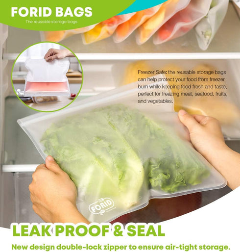FORID Reusable Storage Bags - 12 Pack Extra Thick Freezer Bags, FDA Grade LEAKPROOF Lunch Bag for Food Storage