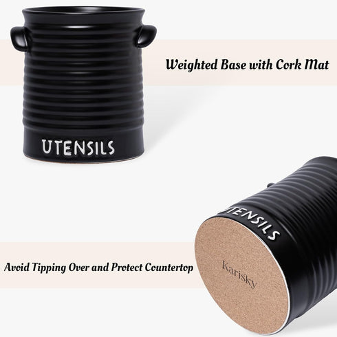 Kitchen Utensil Holder for Countertop, 6.4" Large Ceramic Crock with Cork Mat, Modern Spatula Organizer