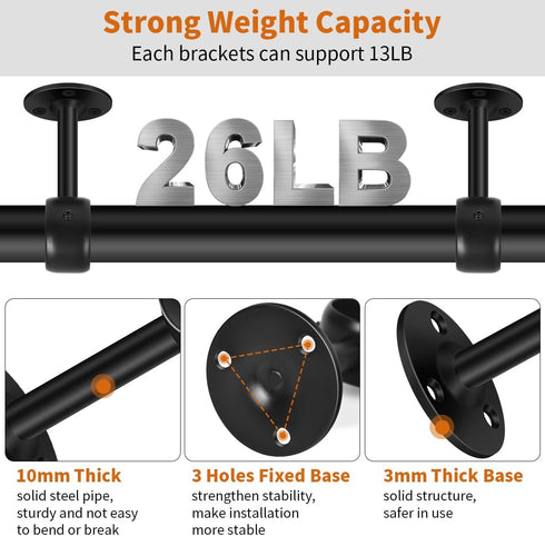 Ceiling Curtain Rod Brackets, Heavy Duty 1-1/4 Inch Black Holders for Wall Closet Rods, 4 Pack