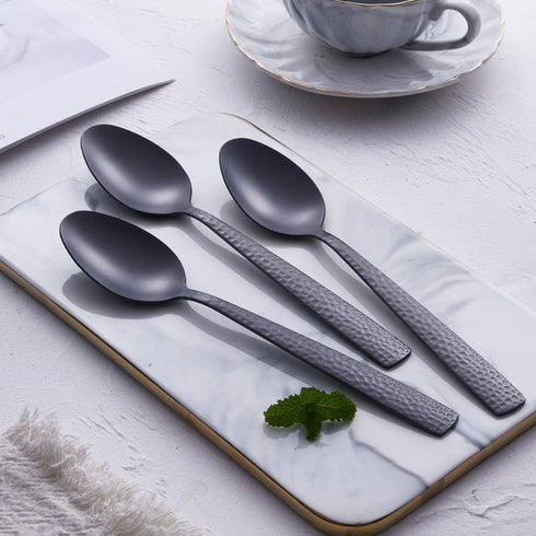 Matte Black Dinner Spoon Set of 6, FULLYWARE 8.0 inches Stainless Steel Black Silverware, Satin Finish