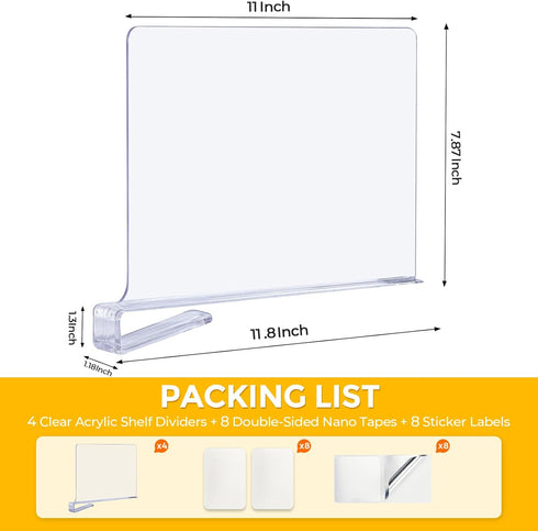 JOY DECOR 8 Pack Closets Closet Acrylic Clear Shelf Dividers for Organizer and Storage Adjustable Vertical Wood Shelf