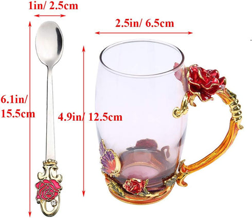 Kaiyuan Dynasty Tea Cup Set - 12oz Glass Coffee Mugs with Enamel Rose Flower Butterfly and Spoon for Birthday Wedding