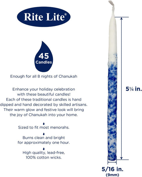 Rite Lite Premium Pack of 45 Chanukah Candles - Splash Blue and White for your Hanukkah Menorah