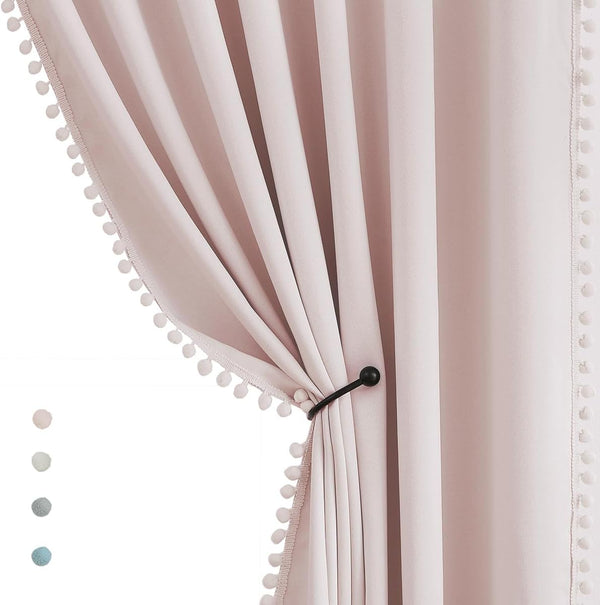 Treatmentex Pom-Pom Pink Half-Blackout Curtains, 45'''' Short Window Curtain Set for Girls Baby Nursery Room