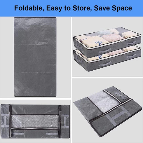 Under Bed Storage Containers, 4-Pack Large Bags Organizer with Clear Window and Handles for Bedding, Clothes, Black