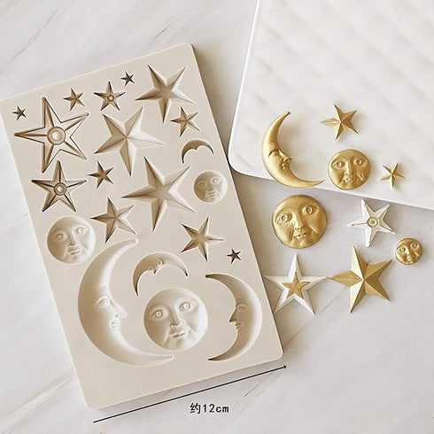 Moon Stars Sun Face Silicone Fondant Mold, Chocolate Candy Gumpaste Tool for Cake Decorating, Epoxy Resin DIY