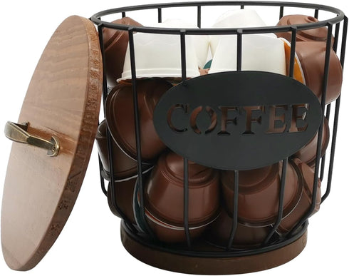 Round Coffee Pods Holder with Wooden Lid and Base, Wire Storage Basket for Home Cafe Bar Countertop Decor (Black)