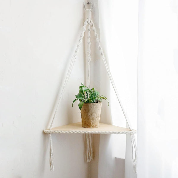 Artilady Macrame Corner Shelf Wall Hanging - White Corner Floating Shelves Boho