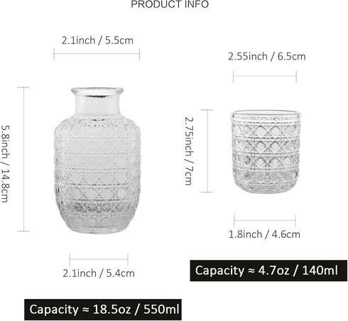 Set Set 18.5 oz Bedside Water Carafe and Glass for Bedroom Nightstand, Bedside, Ticked Glass Mouthwash Decanter