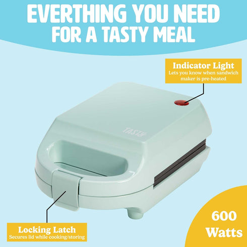 Tasty Mini Sandwich Maker, Makes Sandwiches, Paninis, Grilled Cheese, 600W, Aqua