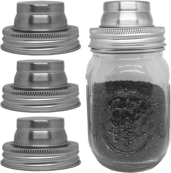 4 Stainless Steel Mason Jar Shaker Lids with Silicone Seals for Dredging Flour, Spices, Sugar, Salt, Peppers