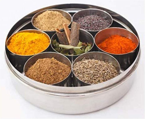 Stainless Steel Masala Dabba Spice Box, 7 Compartment Indian Spice Storage Container