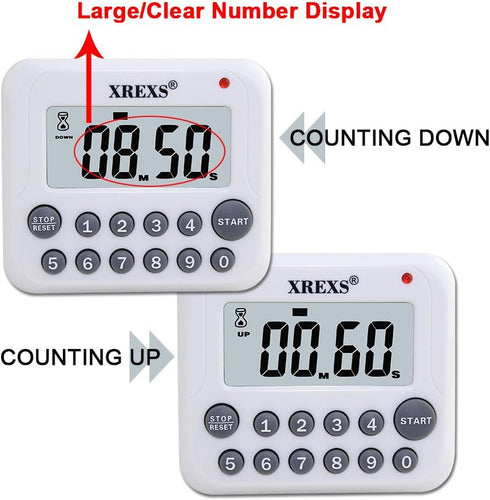 XREXS Digital Kitchen Timer with Magnet Back and Clip, Loud Alarm, Large Display, White (2 Batteries Included)
