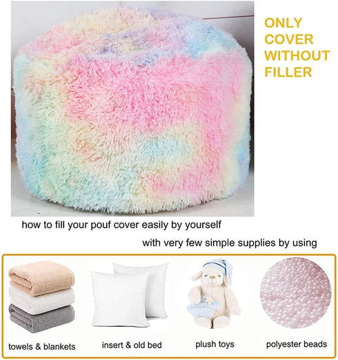 Asuprui Pouf Ottoman, Unstuffed Round Bean Bag Poof Seat, Soft Faux Fur Footrest Stool 20x20x12 Inches, Rainbow Cover