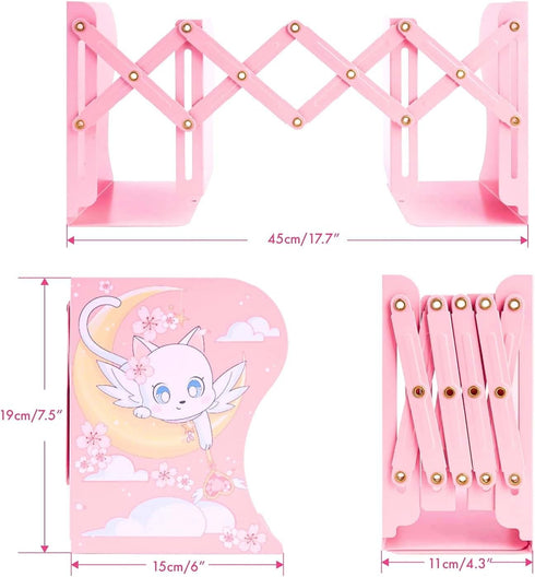 BelugaDesign Cat Moon Bookends | Anime Cute Magical Kawaii Pink Yellow White Pastel Clouds Cherry Blossoms Decorative