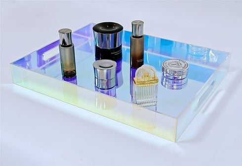 12X9 Inch Countertop, ROYALITA Iridescent Acrylic Tray with Handles, Serving Tray Spill Proof, Perfume Decorative Tray