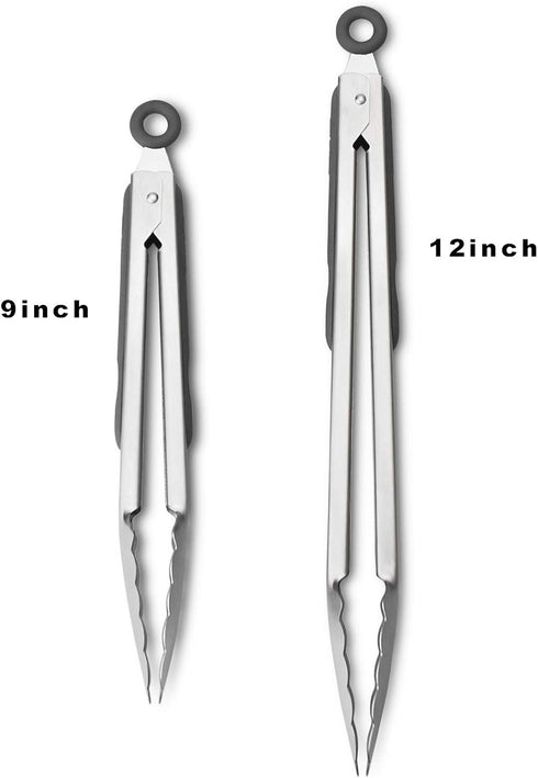 304 Stainless Steel Kitchen Cooking Tongs Set of 2, 9" and 12" Grilling Barbeque Locking Food Tongs, Grey