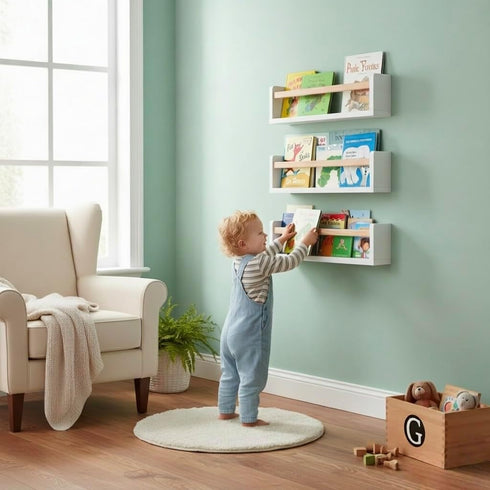 16 Inch Set 3, AZSKY Nursery Floating Shelves of White Wood Kids Wall Bookshelves & Book Organizer Ledge for Baby Room