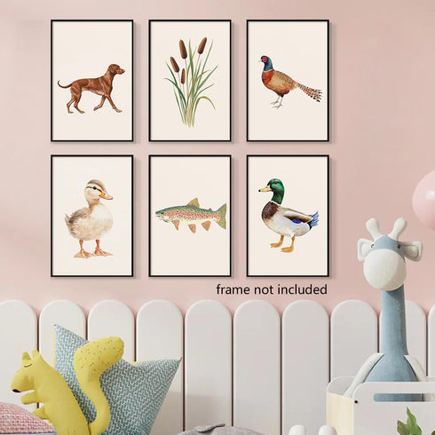 Yaasilinage Set 6 8x12in Nursery Animal Canvas Wall Art, Mallard Duck Hunting Poster, Fish Fishing Wall Decor