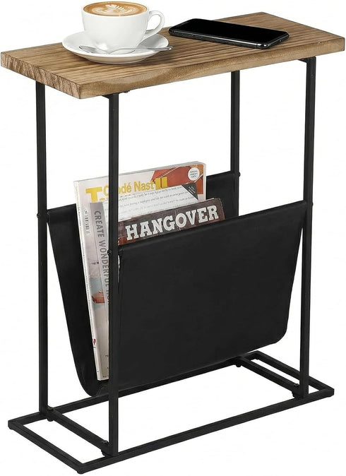 21-Inch MyGift Modern Narrow Living Room End Table with Solid Burnt Wood Tabletop and Black Metal Frame, Bedroom