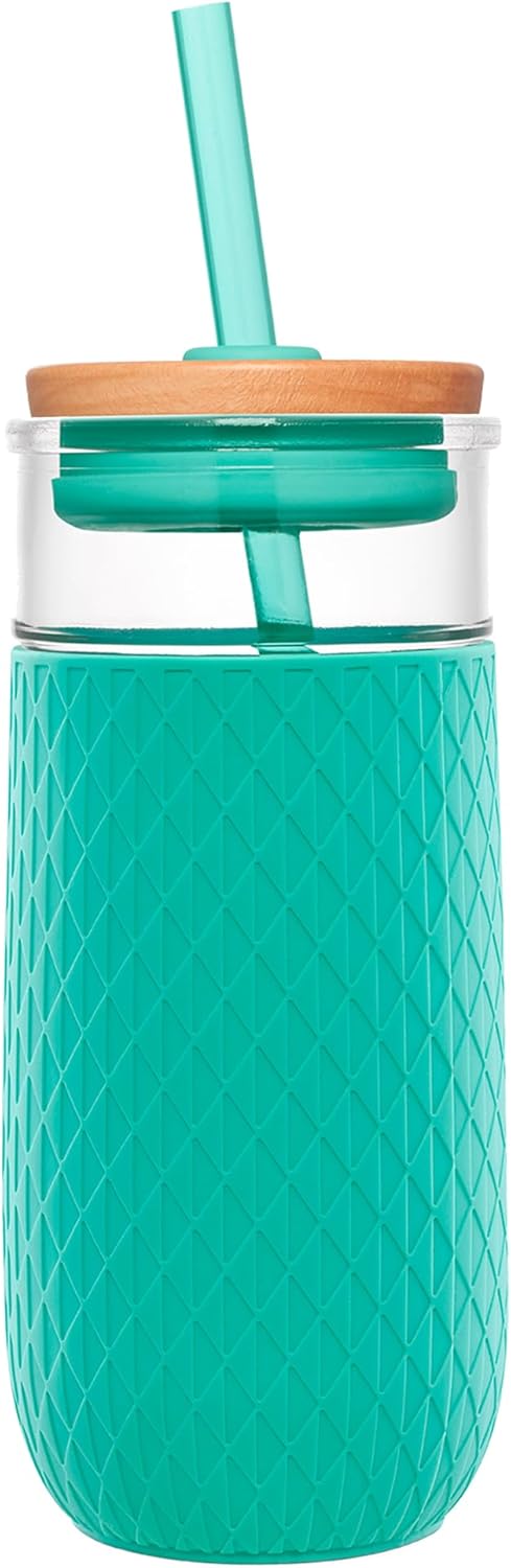 Ello Devon 18oz Glass Tumbler with Straw, Bamboo Wood Lid and Silicone Sleeve, Perfect for Iced Coffee
