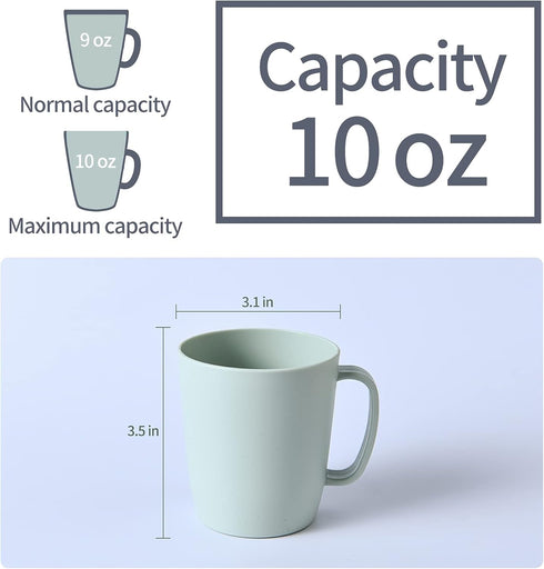 Set of 5 Coffee Mugs - 10 Ounce Unbreakable Plastic Cups with Handle, 3 Basic Colors, Dishwasher Safe