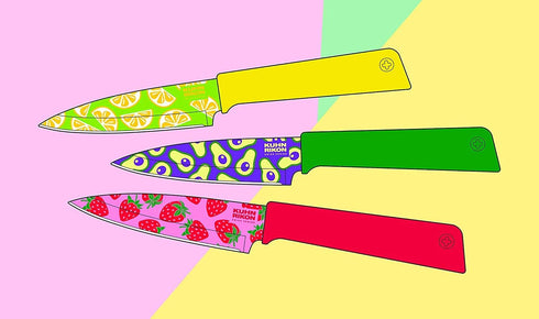 KUHN RIKON Colori+ Non-Stick Straight Paring Knife with Safety Sheath, 4 inch/10.16 cm Blade, Funky Fruit Strawberry by KUHN RIKON