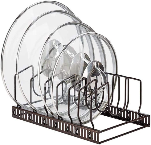 Toplife Pot Lids Organizer Rack, 7+ Pan Lids and Bakeware Holder with 7 Adjustable Compartments - Brown